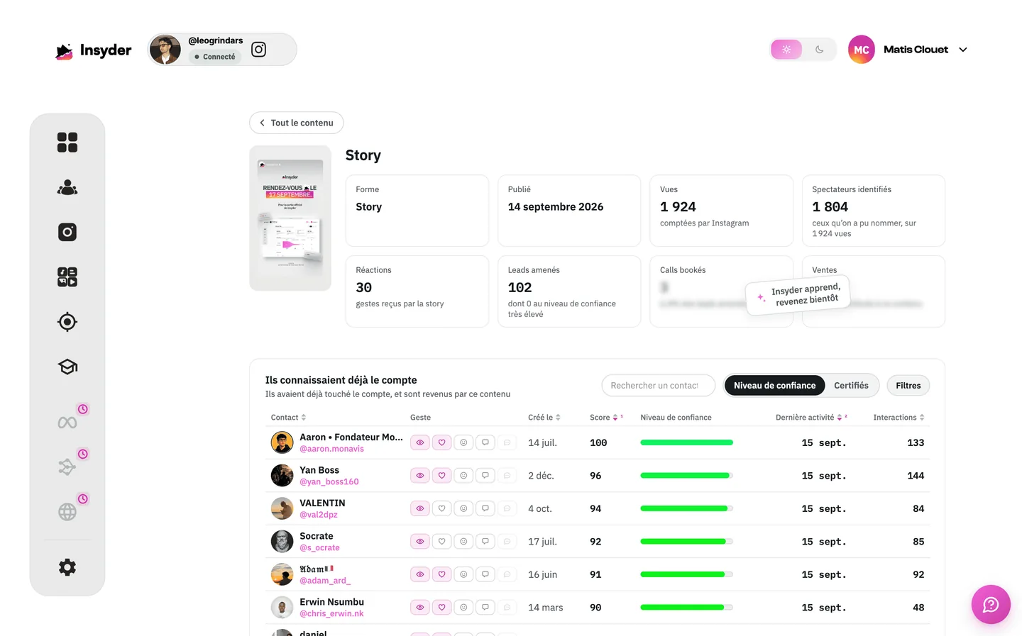 Capture officielle Insyder : analyse d’une story et contacts ayant interagi